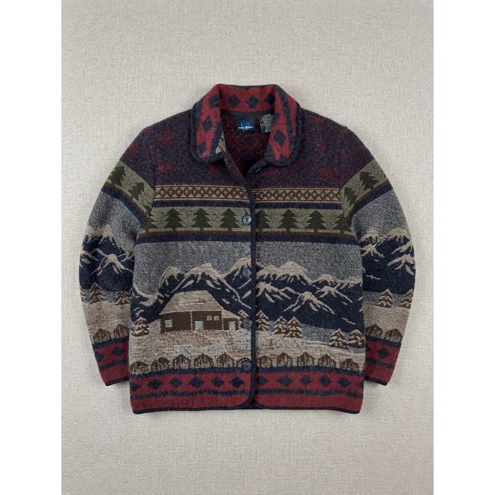 Vintage Studio Scenic Tapestry Wool Button Front Cardigan Jacket Medium Grandma
